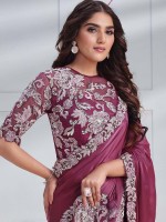 Claret Crepe Satin Silk Saree